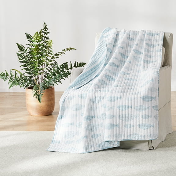 Levtex - Aqua Breeze - Quilted Throw - 50x60in. - Coastal - Aqua and White - Reversible Pattern - Cotton Fabric
