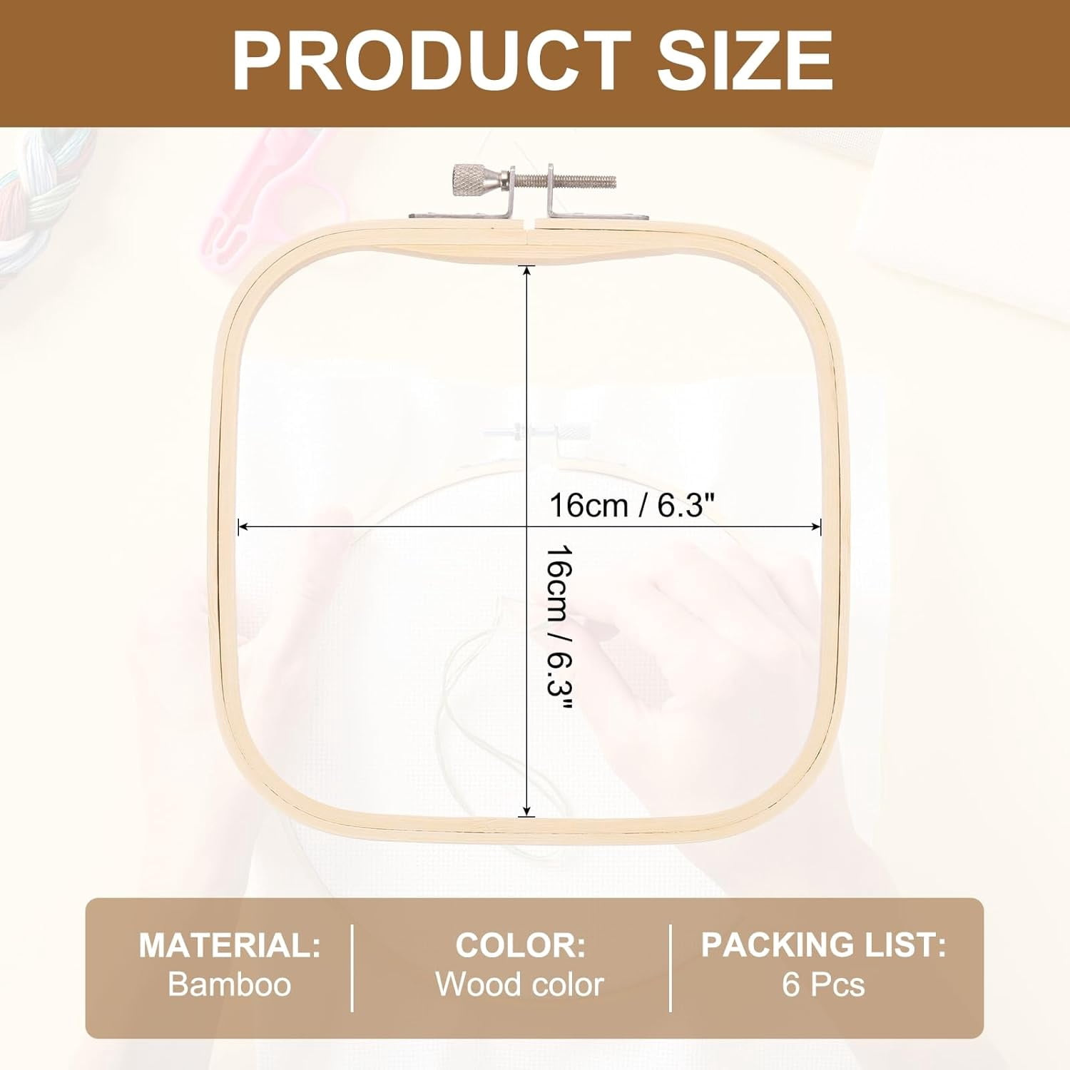 ABPETE Square Embroidery Hoops, Adjustable Bamboo Cross Stitch Hoops Ring Embroidery Frame Punch Needle Hoop for Sewing, Needlework, DIY( 6 Pieces 4.7" x 4.7" )