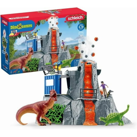 Schleich Dinosaurs - Volcano Expedition Base Camp Playset with LED Erupting Volcano Researcher and 2 Dinosaur Figures - Interactive Toys for Kids 5+ - 42564