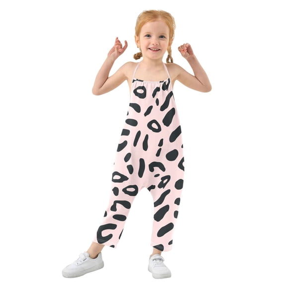 Girls' Jumpsuits Rompers Summer Casual Sleeveless Rompers With Pockets Spaghetti Strap Romper Creamy Pink Leopard Print 1T