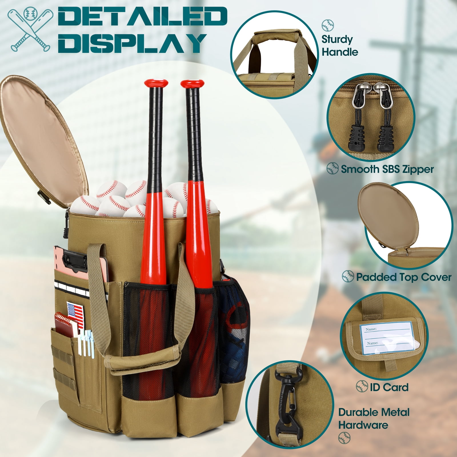 RAINSMORE Baseball Bucket Backpack Baseball Accessories Organizer Bag with Insulation Pocket Softball Baseball Bag with Anti-Slip Bottom,Brown