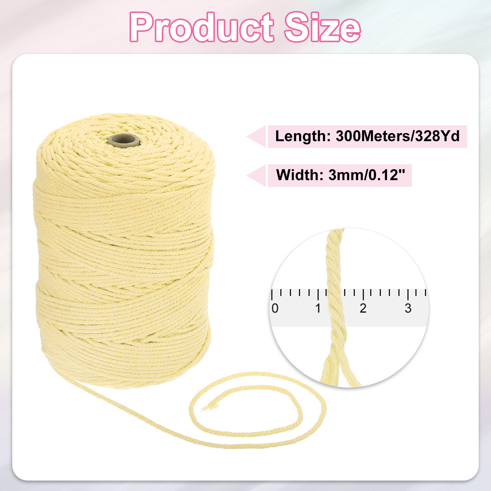 Uxcell Natural Macrame Cord 3mm x 328 Yards 4-Strand Twisted Cotton Macrame Rope for DIY Knitting Plants Wall Dreamcatcher, Light Yellow