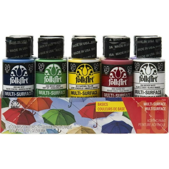 FolkArt Multi-Surface Satin Acrylic Paint 10 Color Set, 2 fl. oz. each, Basics