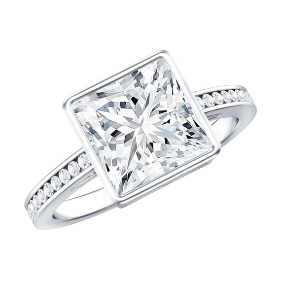 Rosec Jewels Moissanite Princess Cut Engagement Ring 3 Carat - 8 mm - Solitaire Bezel Set Ring - D-VS1 Quality Certified, 925 Sterling Silver, US 4.00