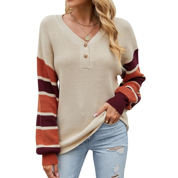 Xuanfei Women Contrast Color V Neck Button Down Spliced Long Sleeve Knit Sweater