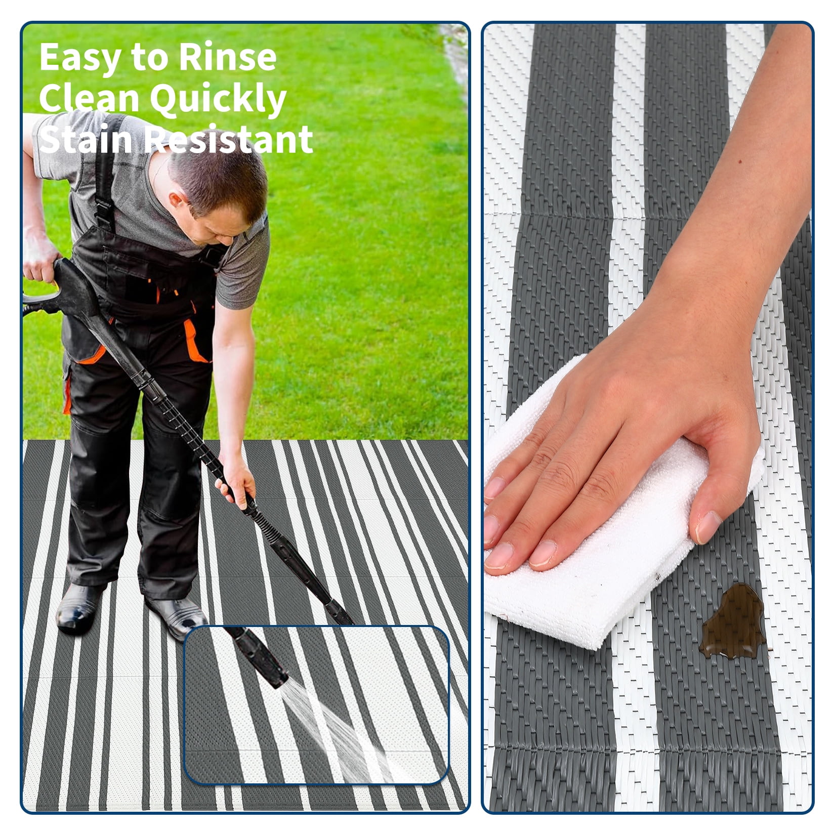 HIWEAVER 9' x 18' Gray Outdoor Rug PP Plastic Straw Woven Waterproof Patio Rug with Border Portable Outside Carpet for Balcony Deck Picnic Garden Decor