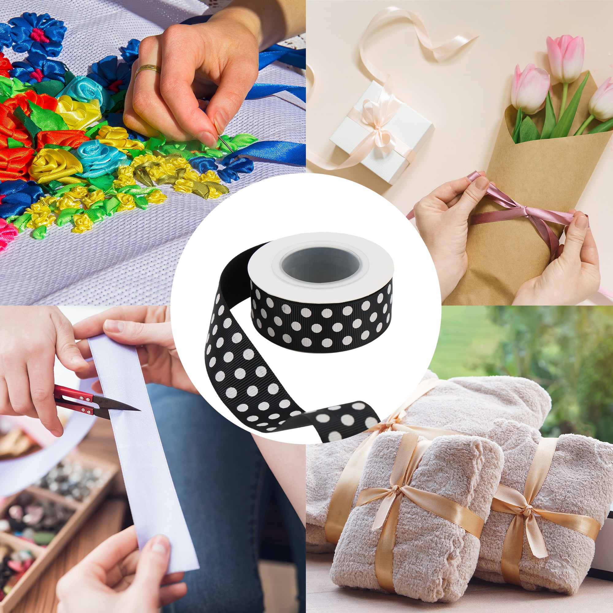 Unique Bargains 0.98"x29.53' Polka Dots Gift Wrapping Ribbon for Crafts 1Pc Black