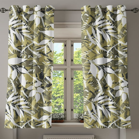 Ambesonne Leafy Design Grommet Curtain, Modern Leaves Exotic, 50"x60", White Pale Olive Green