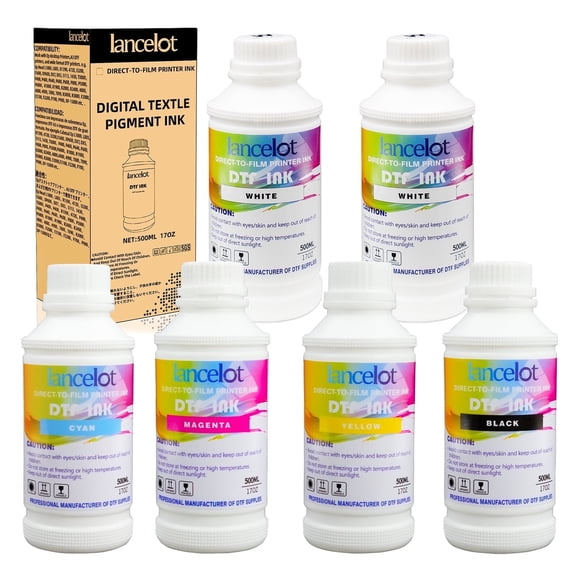 Lancelot DTF Ink Combo Pack 500ml - 6 Bottles (2 White, 1 Black, 1 Cyan, 1 Magenta, 1 Yellow) for Direct-to-Film Transfers, DTF Printers & Custom T-Shirt Printing