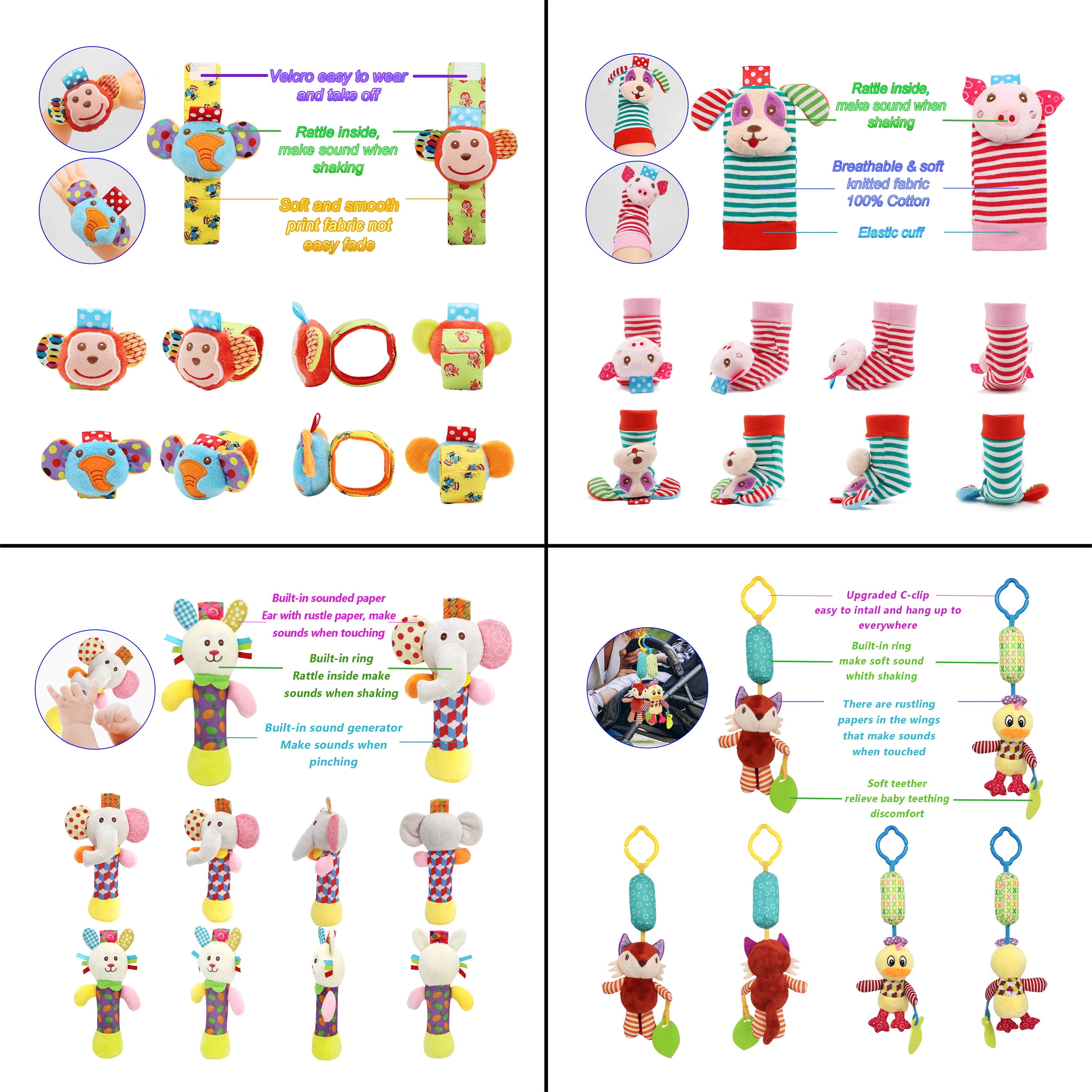 Bloobloomax Wrist Rattles Set, Velcro Fabric Baby Toy, Hand Bracelet, Feet Ankle Socks, Activity Rattle (12 pcs)