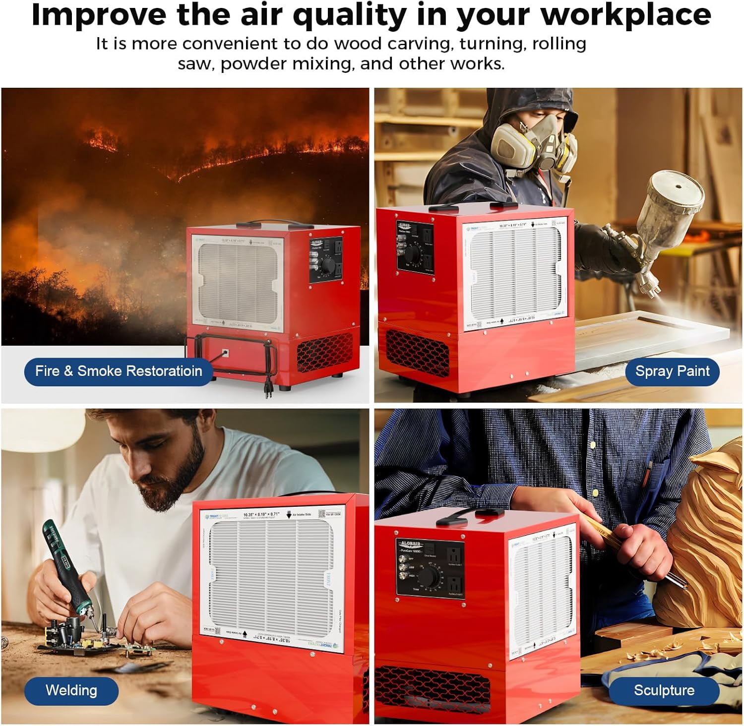 AlorAir 850/1050 CFM Portable Air Filtration System Built-In Ionizer with Strong Vortex Fan for Garage, Works Shop, Purecare 1050IG Tabletop Dust Collector