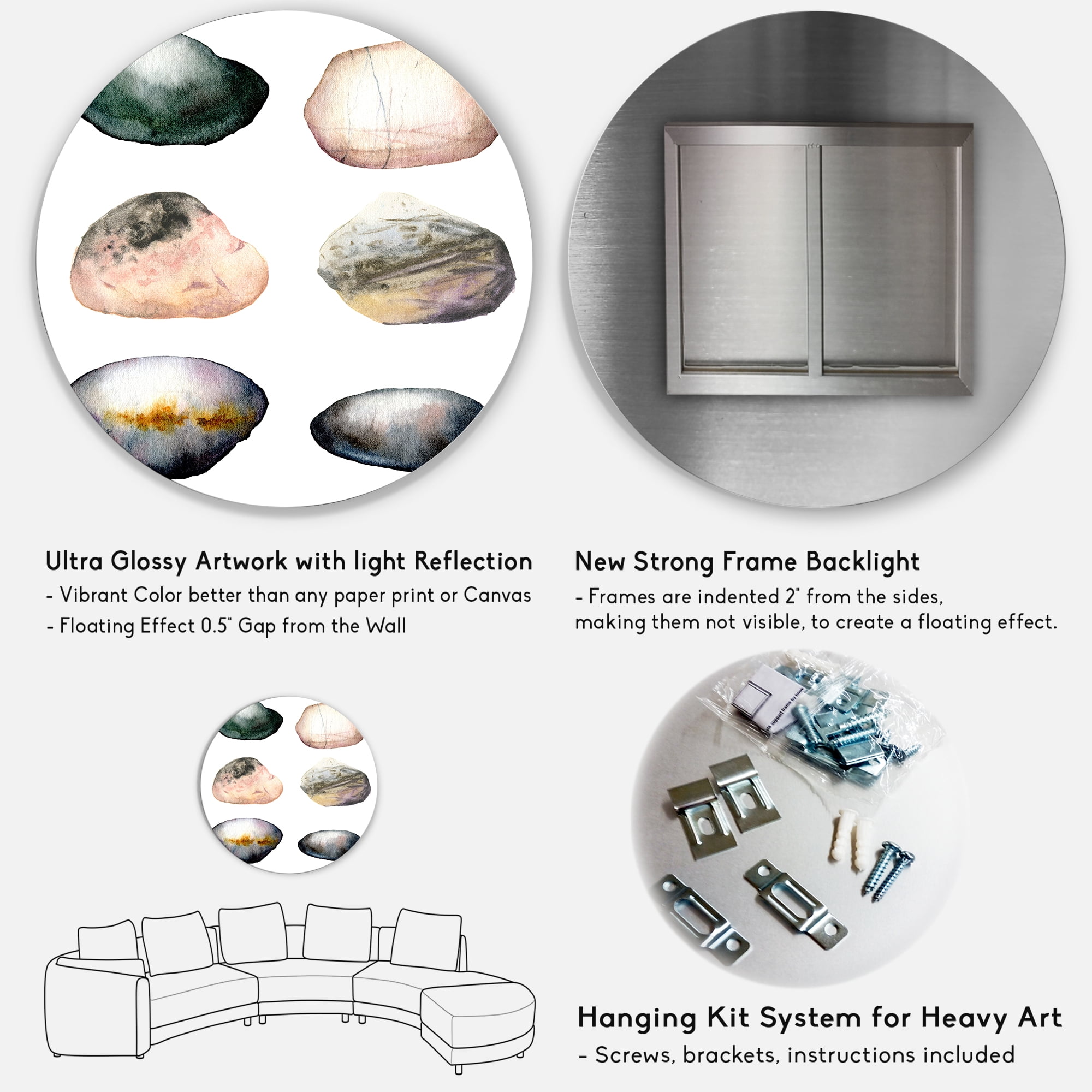 Designart 'Six Abstract Sea Stones On White' Nautical & Coastal Circle Metal Wall Art 29x29 - Disc of 29