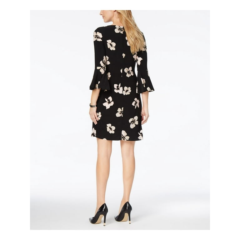 TOMMY HILFIGER Womens Black Floral Bell Sleeve Short Sheath Party