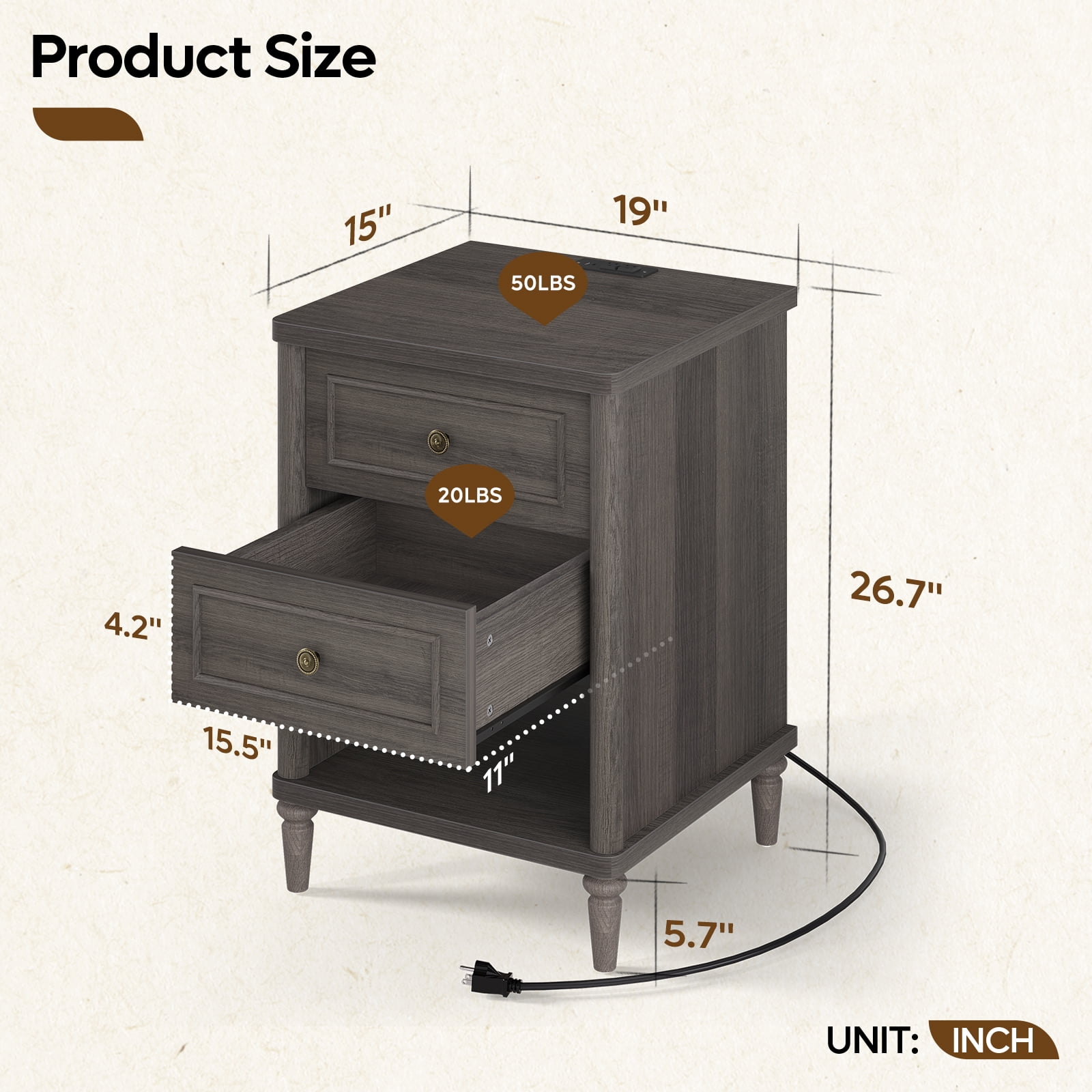 Bestier Farmhouse Nightstand with 2 Drawers, Wood Bedside Table with Charging Station, Sofa Side End Table Night Stand for Living Room, Bedroom, Home Office, Gray