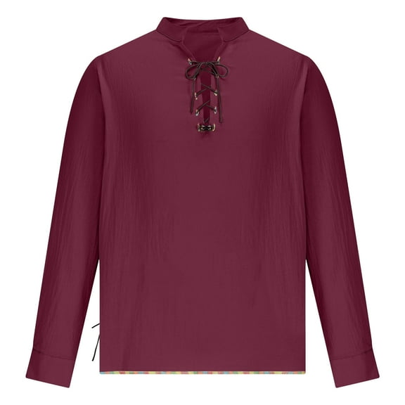 hotojiny Men's Long Sleeve Shirts Lace up Renaissance Tops Classic Vintage V Neck Party Clubwear Fall Clothes