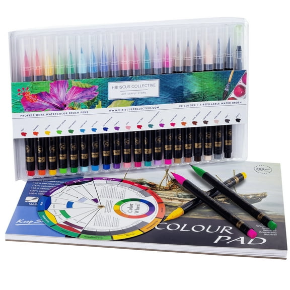 Watercolor Brush Pens | 20 Colors | Watercolor Pad | Ideal Calligraphy Pens | Journal | Sketchbook | Watercolor Pen Set | Artist Color Wheel