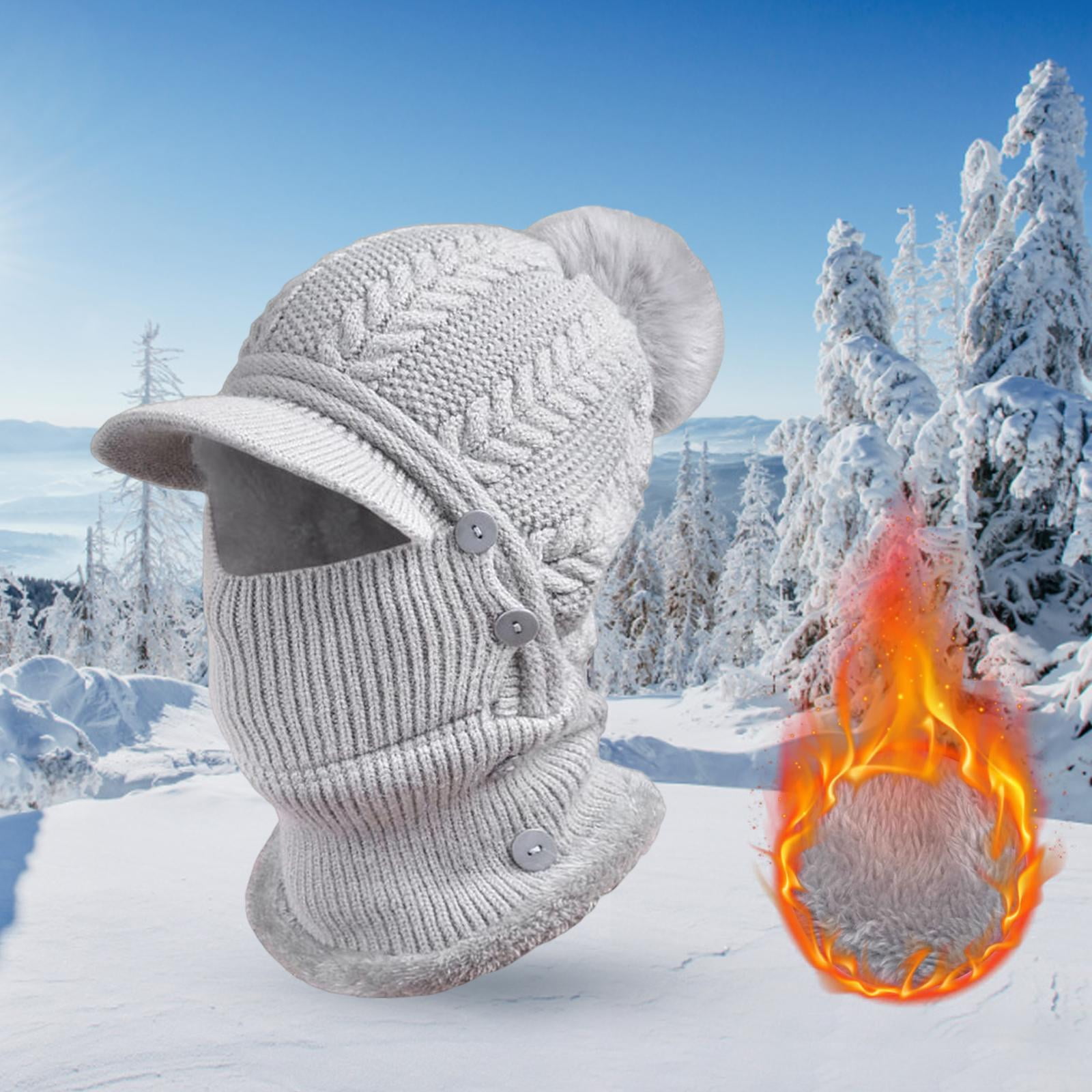 DimyFew Elastic Knitted Beanie Hat Neck Gaiter Breathable Button Warmer Winter Ski Mask Gray