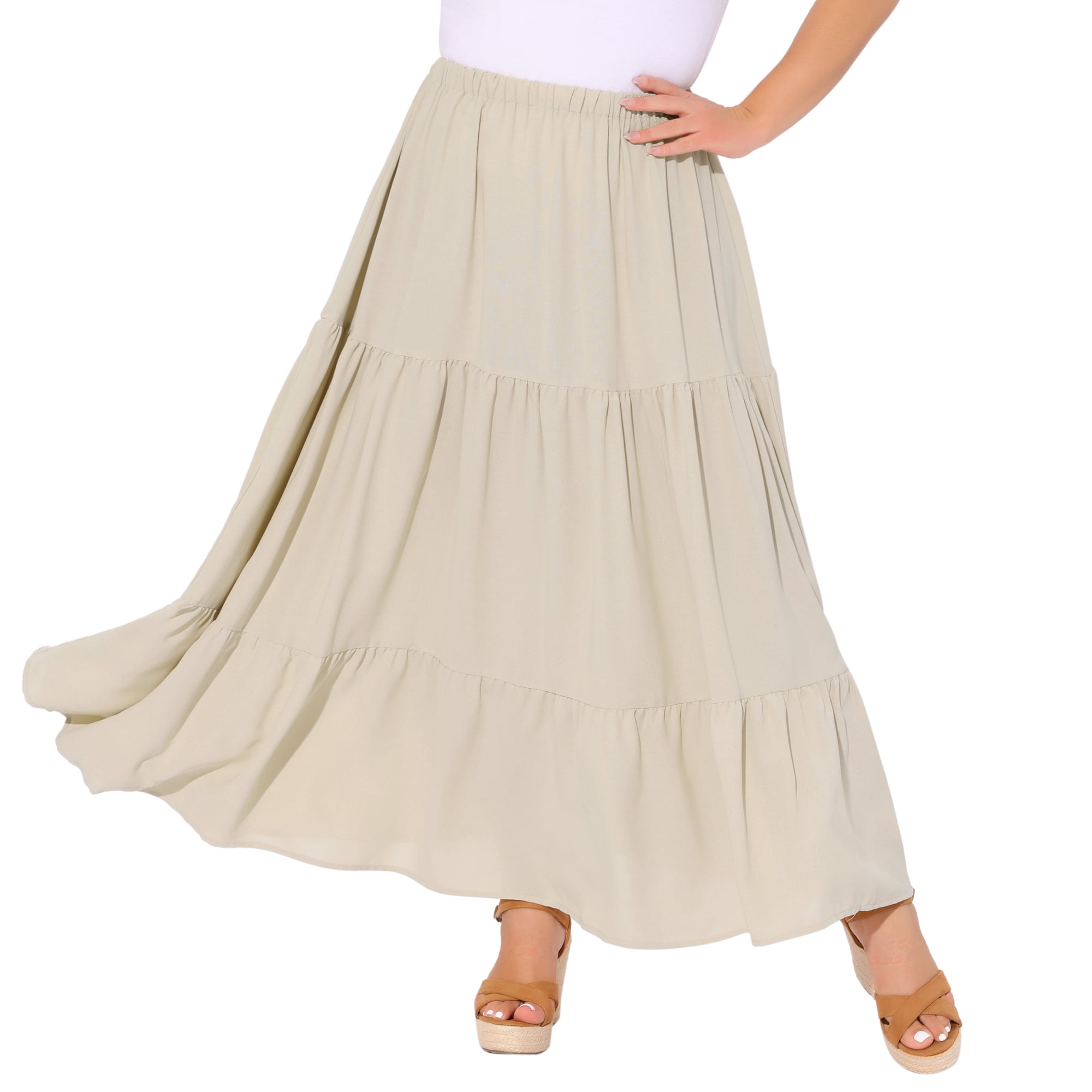 DARING DIVA Women's Plus Swing Maxi Elastic High Waist Boho Flowy Skirts 3X Beige