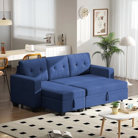DEALTOPS Linen Reversible Sleeper Sectional Sofa Bed with Storage Chaise,Blue
