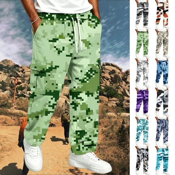 GrmtClth Men's Camo Pattern Cargo Straight Leg Pants Adjustable Drawstring Elastic Waist Multi Flap Pocket Outdoor Casual Trousers Green 3XL