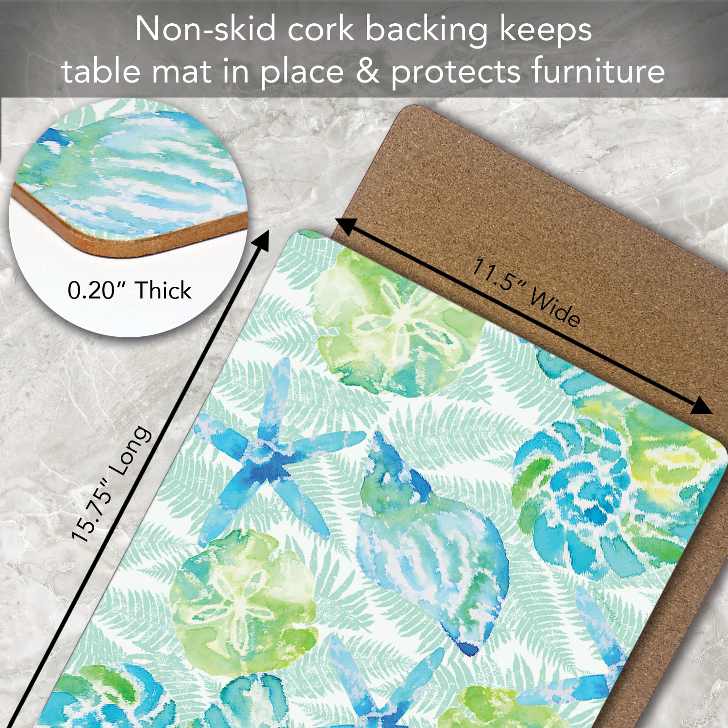 Cala Home "Coast Isla Mona" 30" x 20" Decorative Hardboard Cork Back Tabletop Placemats 4 Pack
