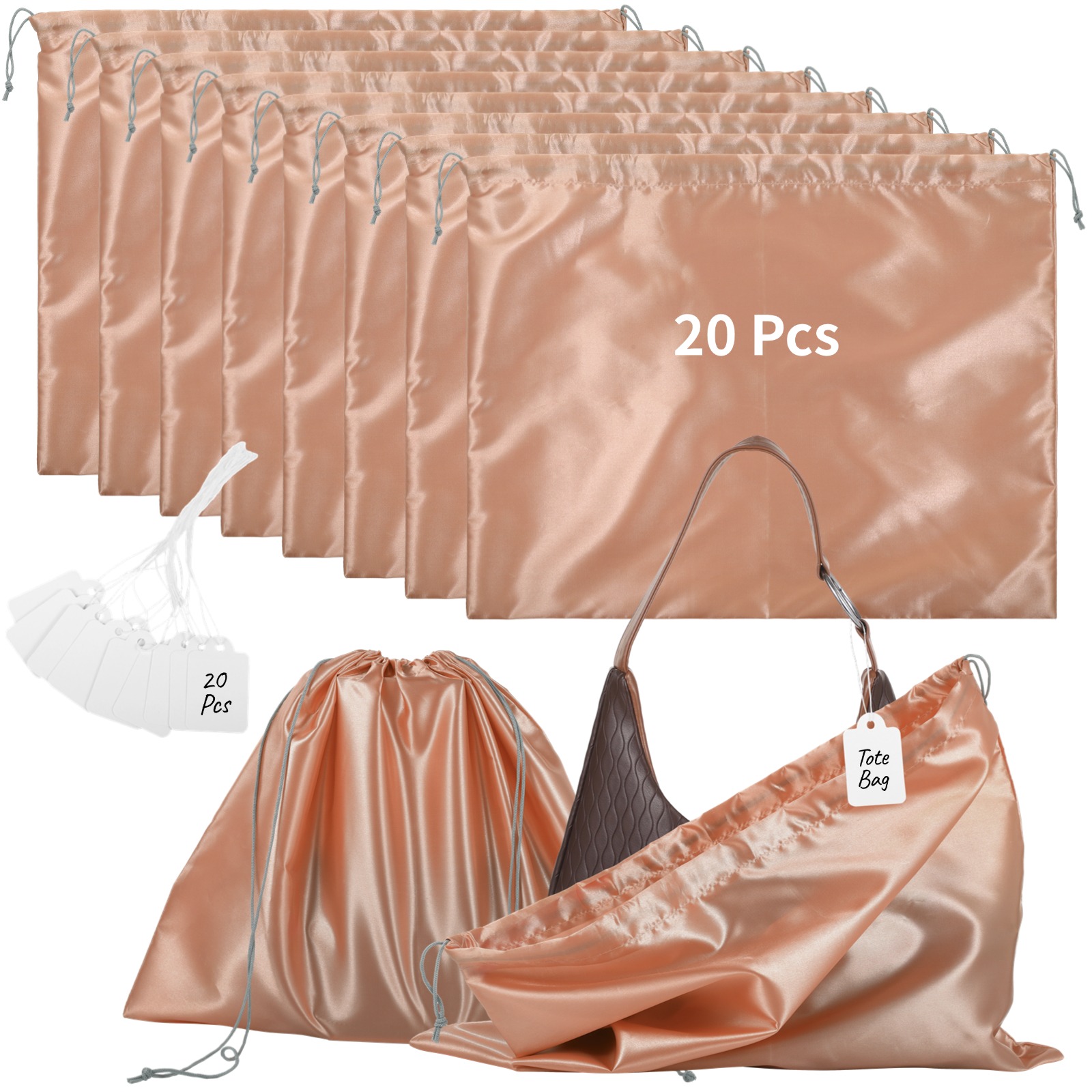 20 Pcs Dust Bags for Handbags, Dustproof Travel Storage Pouches with Drawstrings, Breathable Silk Cloth Purse Bags with Blank Label Tags for Handbags, Shoes, Boots, 19.7×15.7", Pink