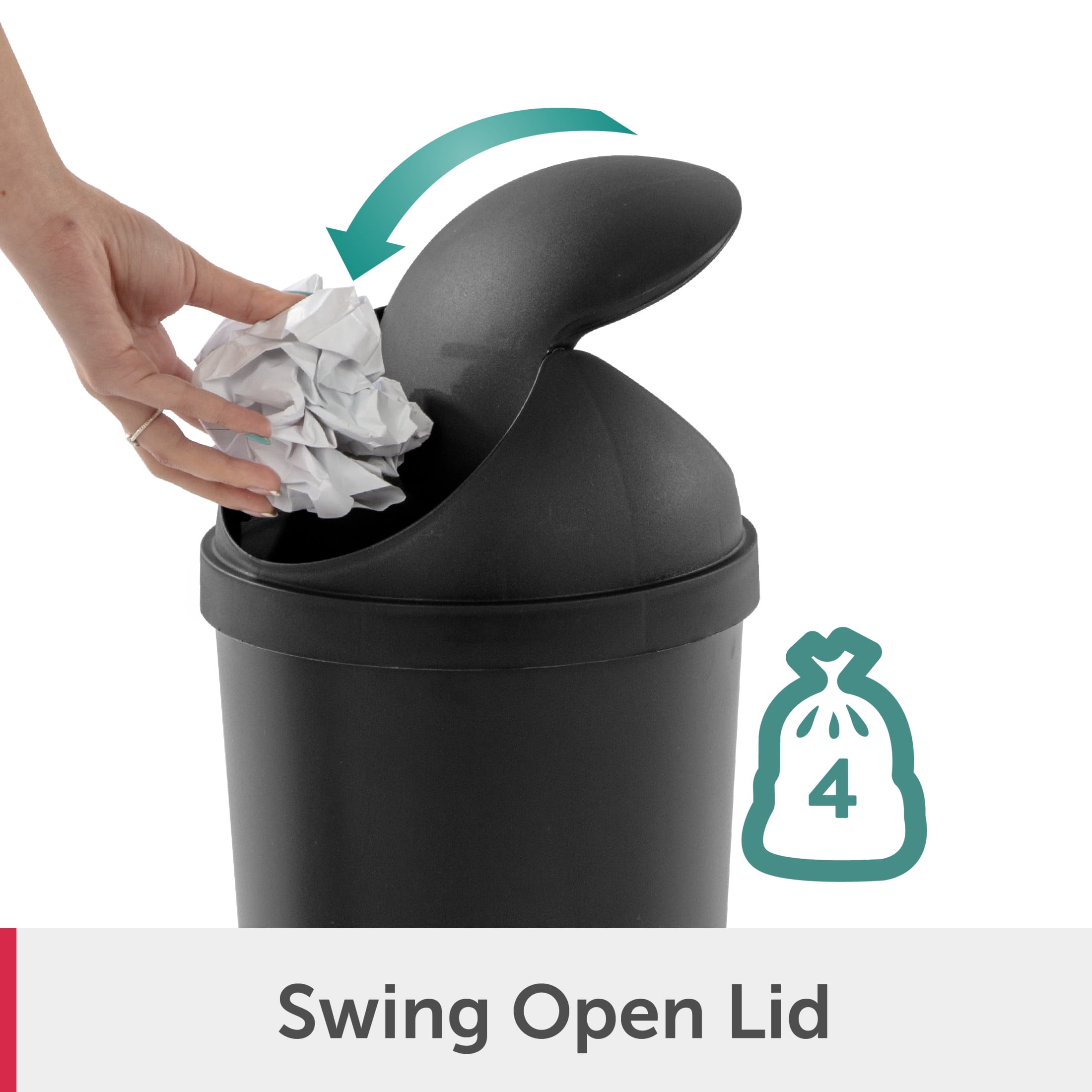 Sterilite Bathroom Trash Can, 3 Gallon Small Plastic Garbage Bucket Bin with Swing Top Lid, Black