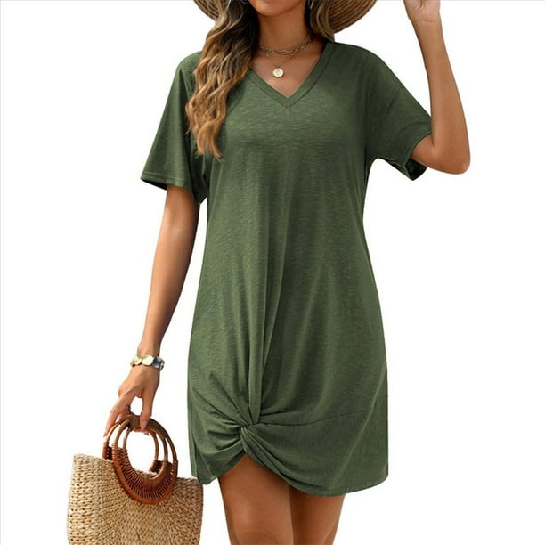 Vestido de Verano para Mujer, Cuello en V, Corta, Lateral, Verde , Talla S