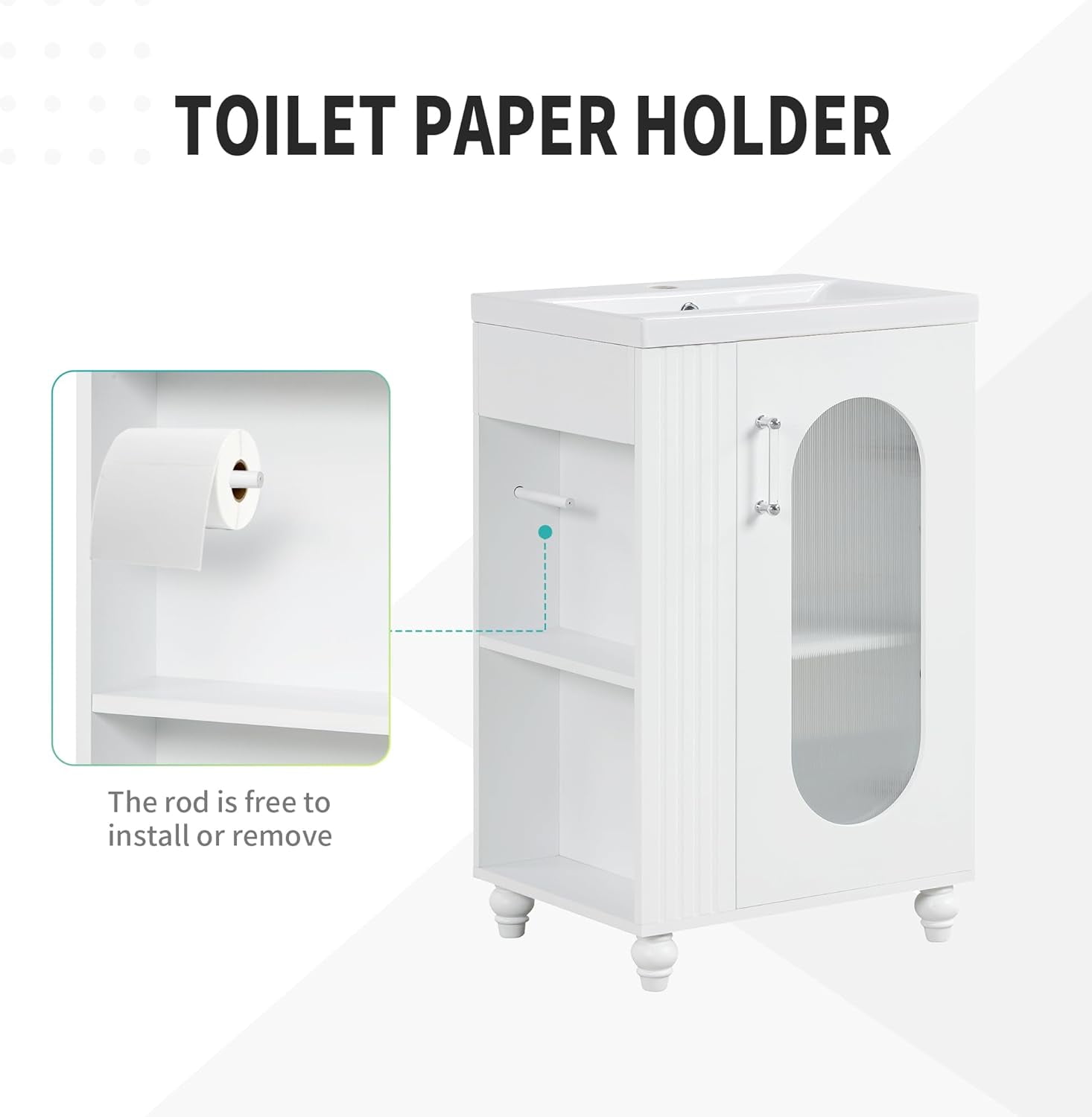 MIDODO 20" Small Bathroom Vanity with Sink, Modern  Wood Bathroom Cabinet with Paper Holder and Glass Door