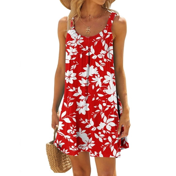 Women's Summer Fashion Vintage Flowers Printed Pleated Sleeveless Shoulder Strap Beach Vacation Casual Dress Casual Ruffle Dresses for Women Women Mini Dress Wrap Dress Womens Dress Dresses for Women