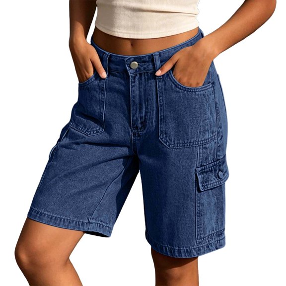 Jeans Cargo Shorts for Women Solid Color Washed Denim High Waist Casual Bottoms Cropped Pants Summer With Pockets