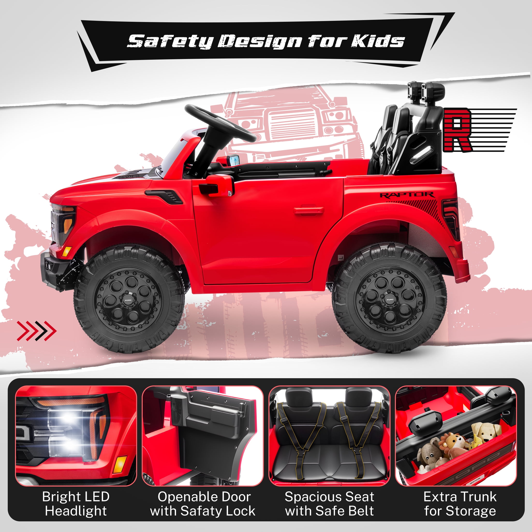 Ford F150 Raptor 2 Seater Ride on Toy Trucks for Kids, 24V Powered 2 Seat Ride on Cars with Remote Control/4 Wheelers/LED/Bluetooth/ Truck Bed Storage/Soft Start, Kids Electric Cars for Boys Girls