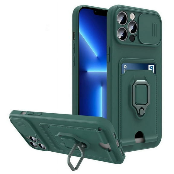 For iPhone 13 Green Multi Function Case with Magnetic Ring Holder Camera Shutter & Card holder