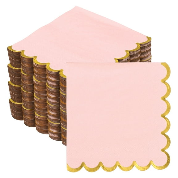 Uxcell 200 Pcs Scalloped Cocktail Napkins with Gold Foil Edges, 5 x 5 Inch Disposable Scalloped Paper Napkins for Wedding Engagement Anniversary Party Tableware Decorations, Light Pink