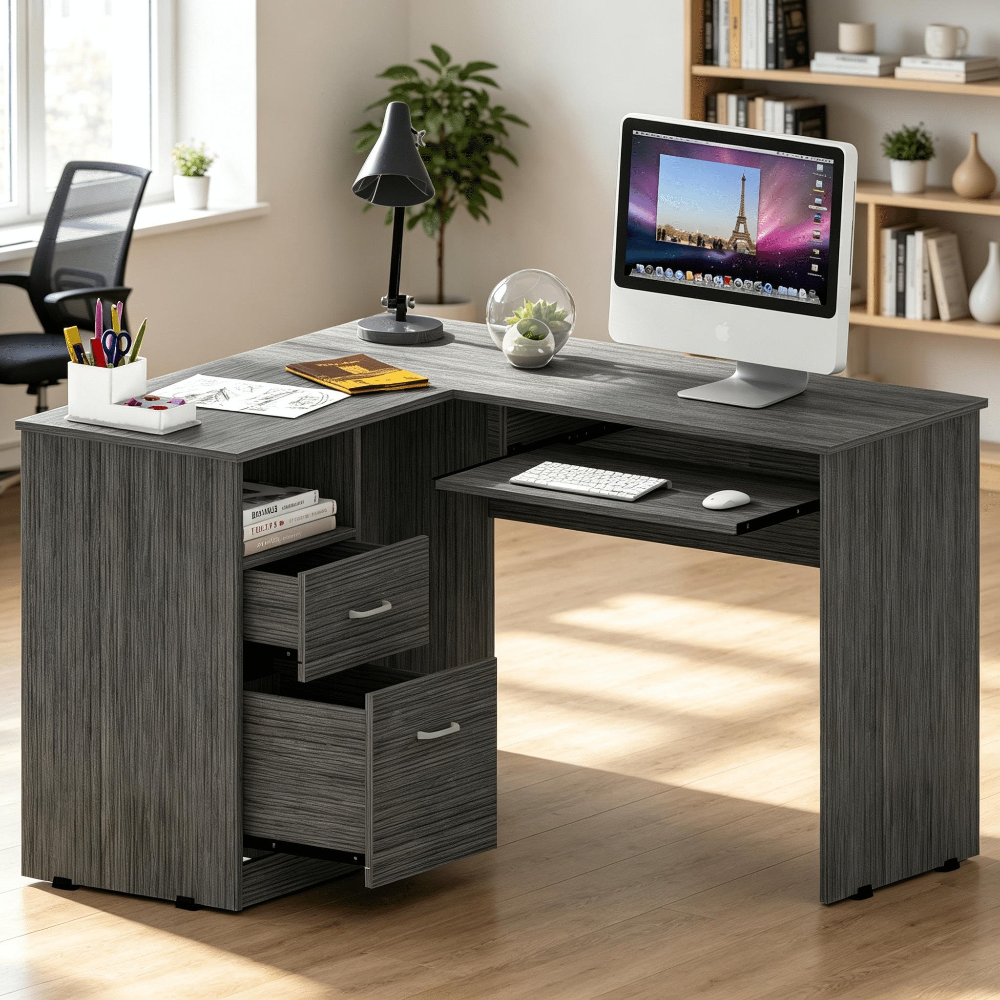Asteroutdoor Raleigh L-Shaped Desk with Two Drawers, Shelf, and CPU Storage