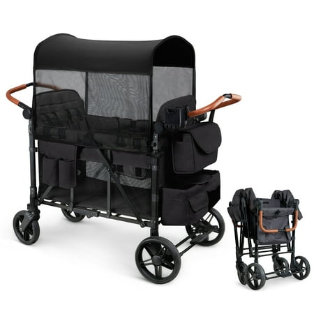 Matladin Wagon Stroller for 4 Seats, All-Terrain Wagon for Toddler with Canopy, Adjustable Handlebar, 5 Point Harness, Phone Holder, Shoulder Bag, Black