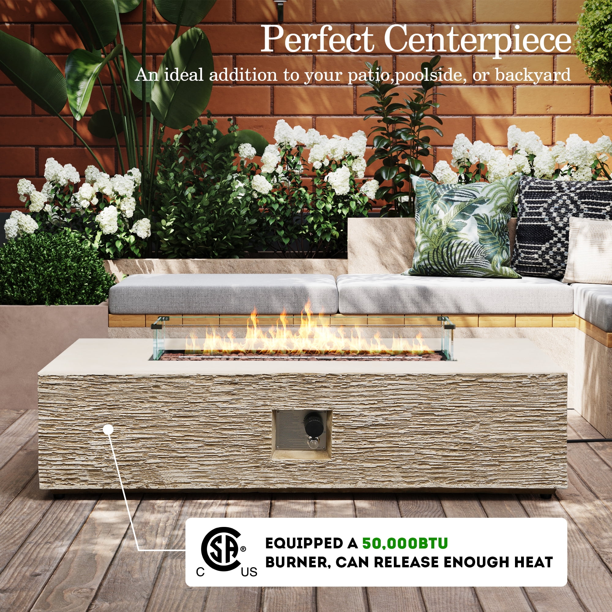 UPHA 56-inch Outdoor Propane Rectangle Fire Pit Table 50000 BTU Gas Concrete FirePit for Outside Patio with Wind Guard, Lava Rocks, Rain Cover, Beige