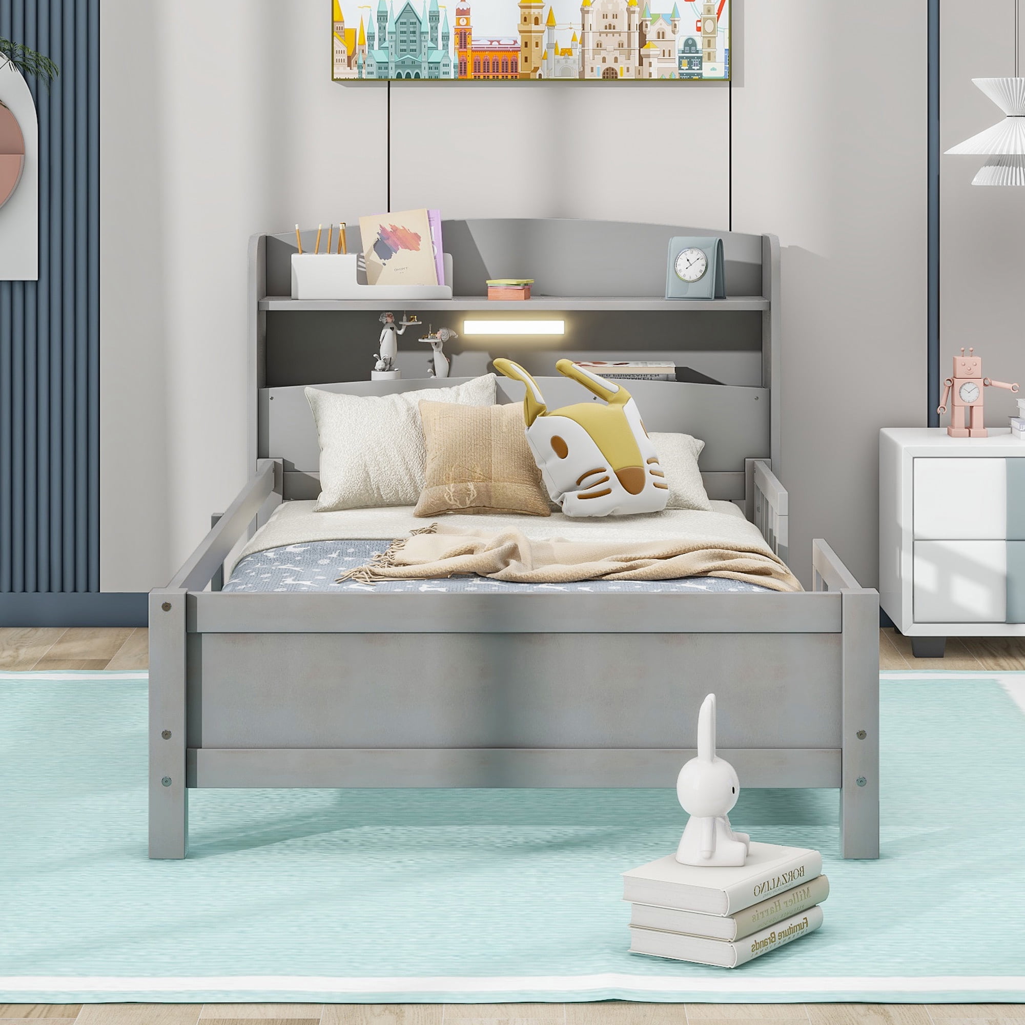 Harper & Bright Designs Kids Twin Size Bed with Storage Headboard and Built-in LED Light, Wood Twin Platform Bed Frame with Guardrail for Girls Boys, White
