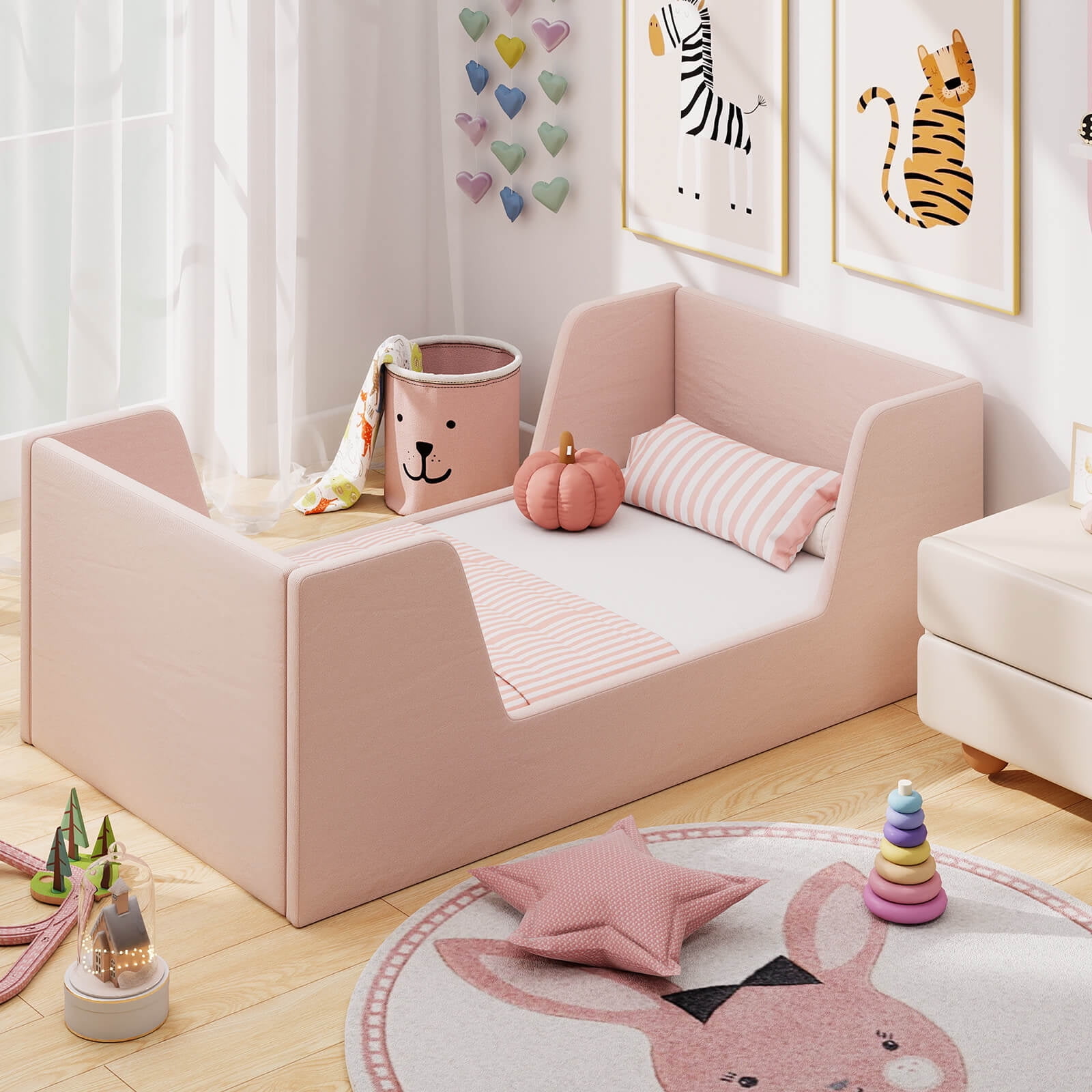 Costway Soft Velvet Fabric Upholstered Children Floor Bed with Safety Rails & Headboard Pink