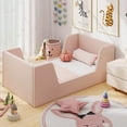 thumbnail image 4 of Costway Soft Velvet Fabric Upholstered Children Floor Bed with Safety Rails & Headboard Pink, 4 of 10