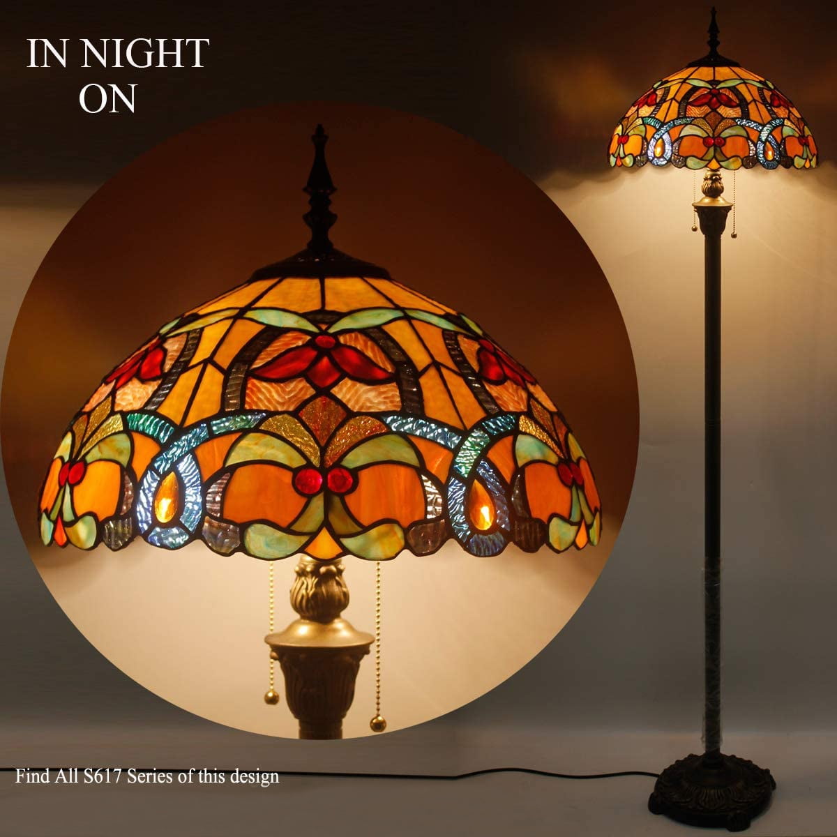 Tiffany Style Floor Standing Lamp W16H64 Inch(2LED Bulb Included) Stained Glass Crystal Bead Flower Shade 2E26 Antique Reading Lighting Resin Base S617 WERFACTORY LAMPS Bedroom Living Room