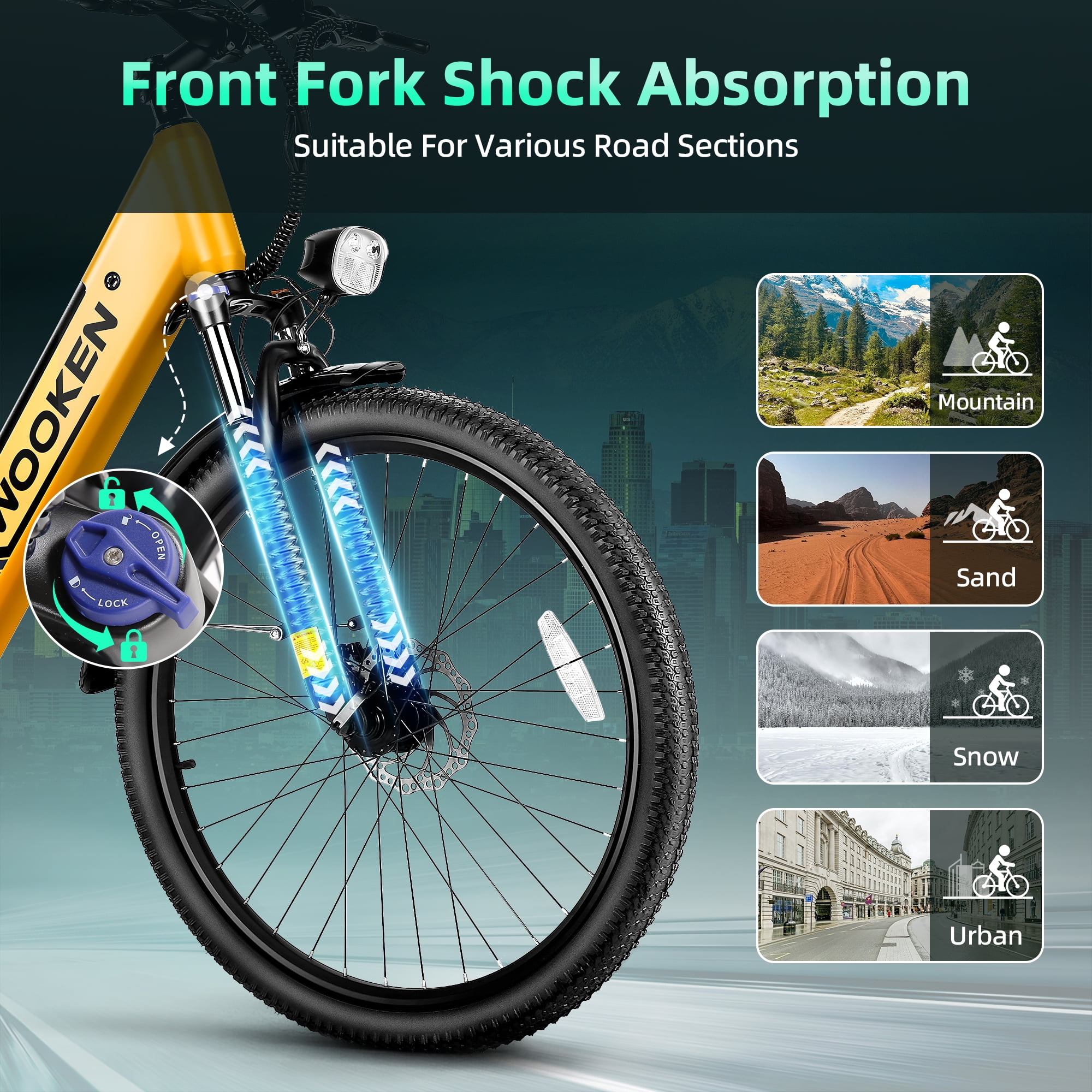 WOOKEN Electric Bike for Adults ,48V 10.4Ah Removable Battery and up to 50Miles 19.8MPH, 26" x 2.1" Electric Commuter Bike with 7-Speed and Front Suspension, UL 2849
