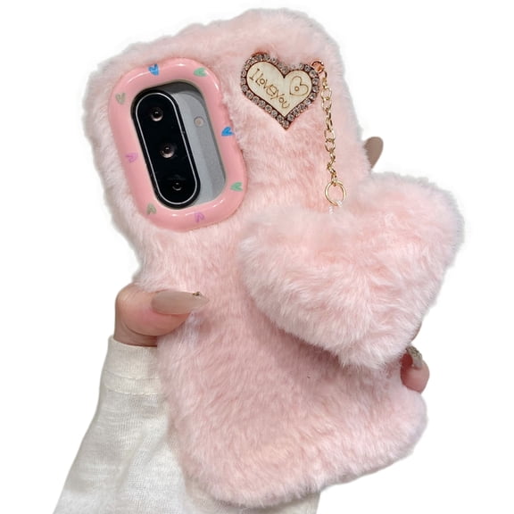for Samsung Galaxy A18 Furry Plush Phone Case Handmade Pink White Candy Color Love Heart Fluffy Fur Ball Pendant for Women Girl, Cute Raised Camera Bump Protection Frame