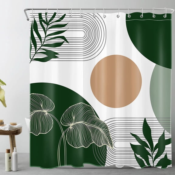 HVEST Boho Mid Century Shower Curtain with Olive Green Leaf Design - Modern Geometric Bathroom Decor, Waterproof Polyester Fabric, Includes 12 Hooks, 72x72 Inches