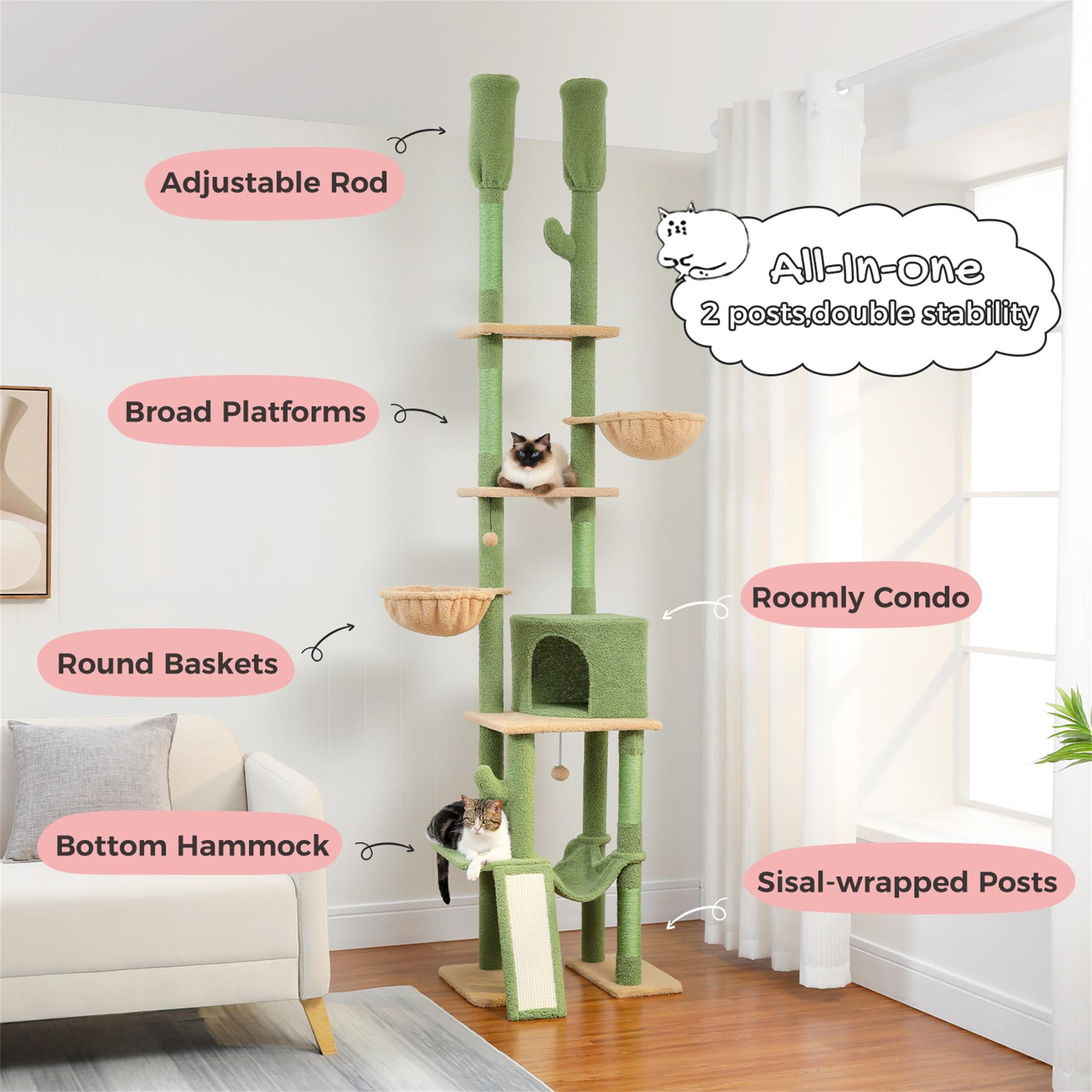 Kadyn Adjustable Height(85-112 in) Cat Tree Tower Floor to Ceiling with 7 Tiers Cat Climbing Activity Center, Cozy Hammocks, 5 Platforms for Indoor Cats, Green