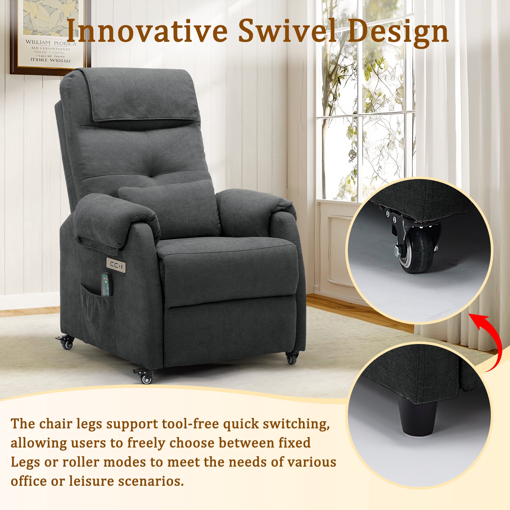 Korser Power Small Recliner Chair for Small Spaces with Wheels and USB Ports for Living Room,Dark Gray