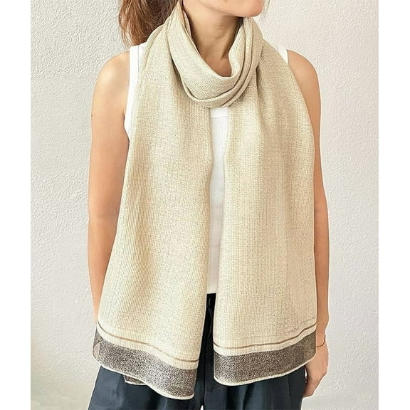 stylesilove Women Shimmering Striped Scarf Silk-like Scarves Ultra Lightweight Soft Shawl Neck Wraps (Khaki)