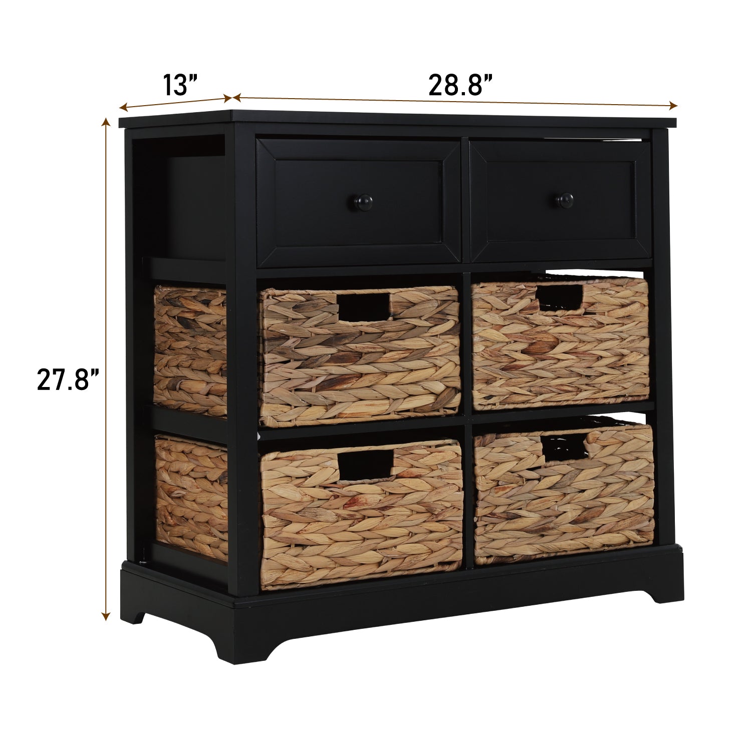 MF Studio Nightstand Four Drawers Decorative Storage Cabinet with Removable Water Hyacinth Woven Baskets, Black