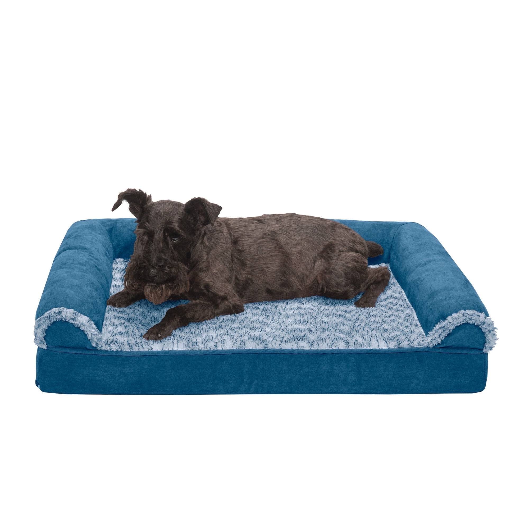FurHaven Two-Tone Faux Fur & Suede Orthopedic Sofa Pet Bed for Dogs & Cats - Medium Marine Blue