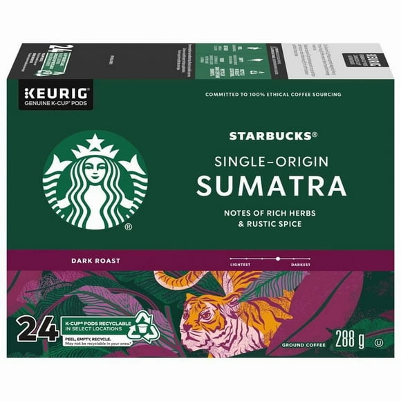 Starbucks® Sumatra Café d'Origine Unique Café Moulu Torréfaction Foncée K-Cups® Capsules 24 unités